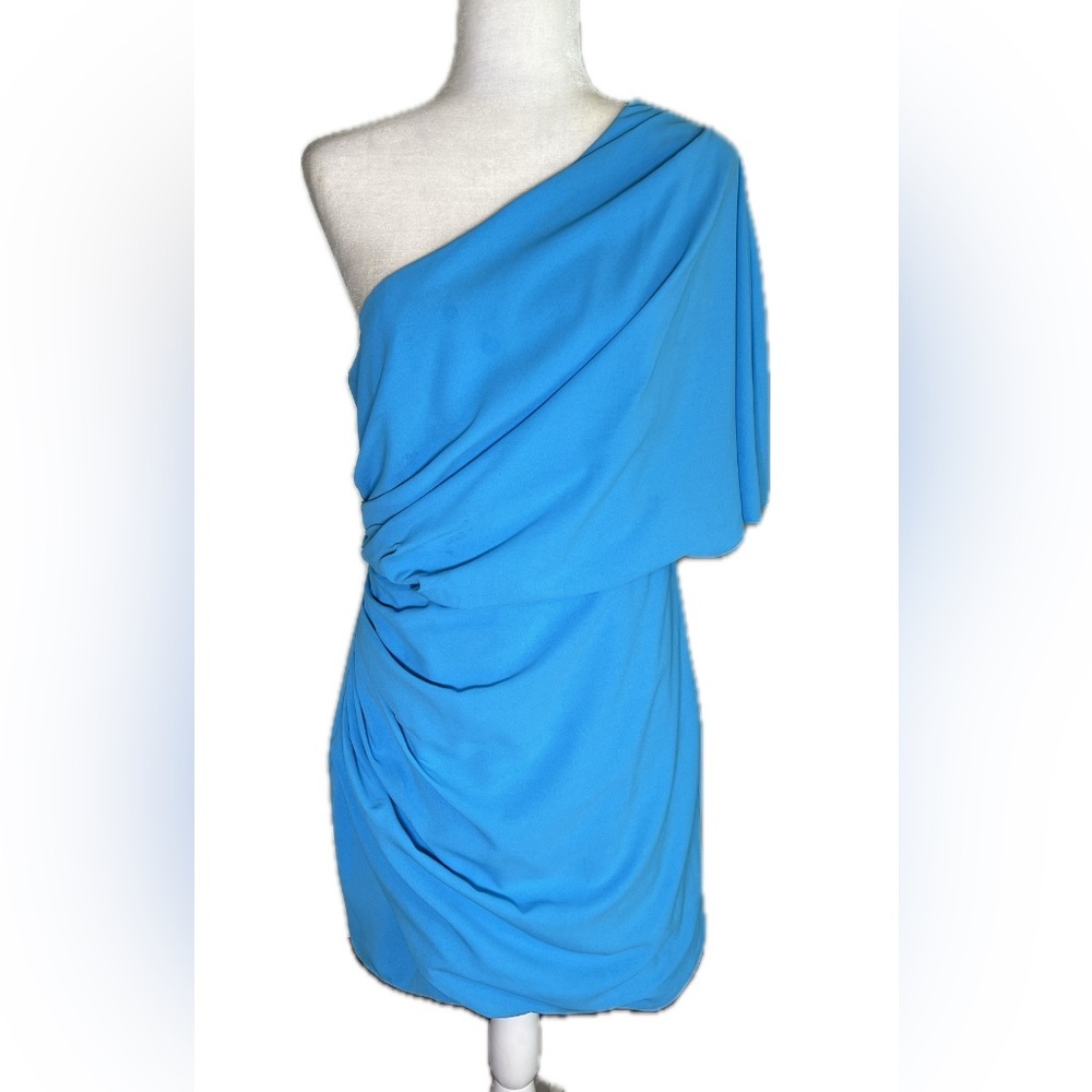 DO+BE Bright Blue One-Shoulder Draped Wrap Mini Cocktail Dress L Large - Picture 4 of 13
